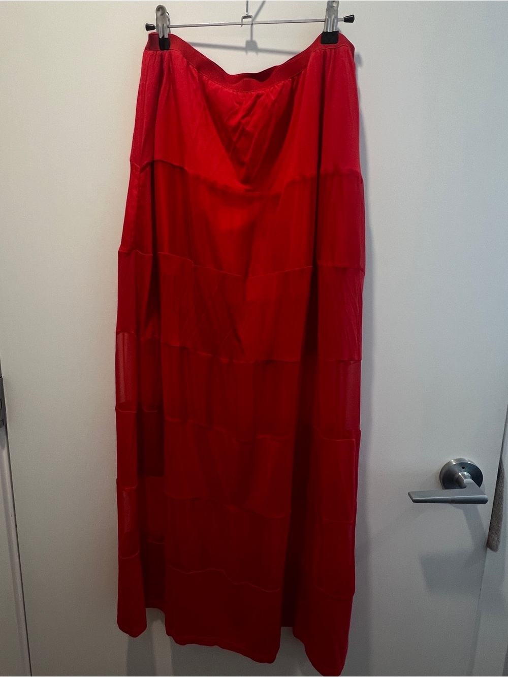 Red Tiered Mesh Maxi Skirt - Women's Flowing Skirt with liners - Picture 1 of 6